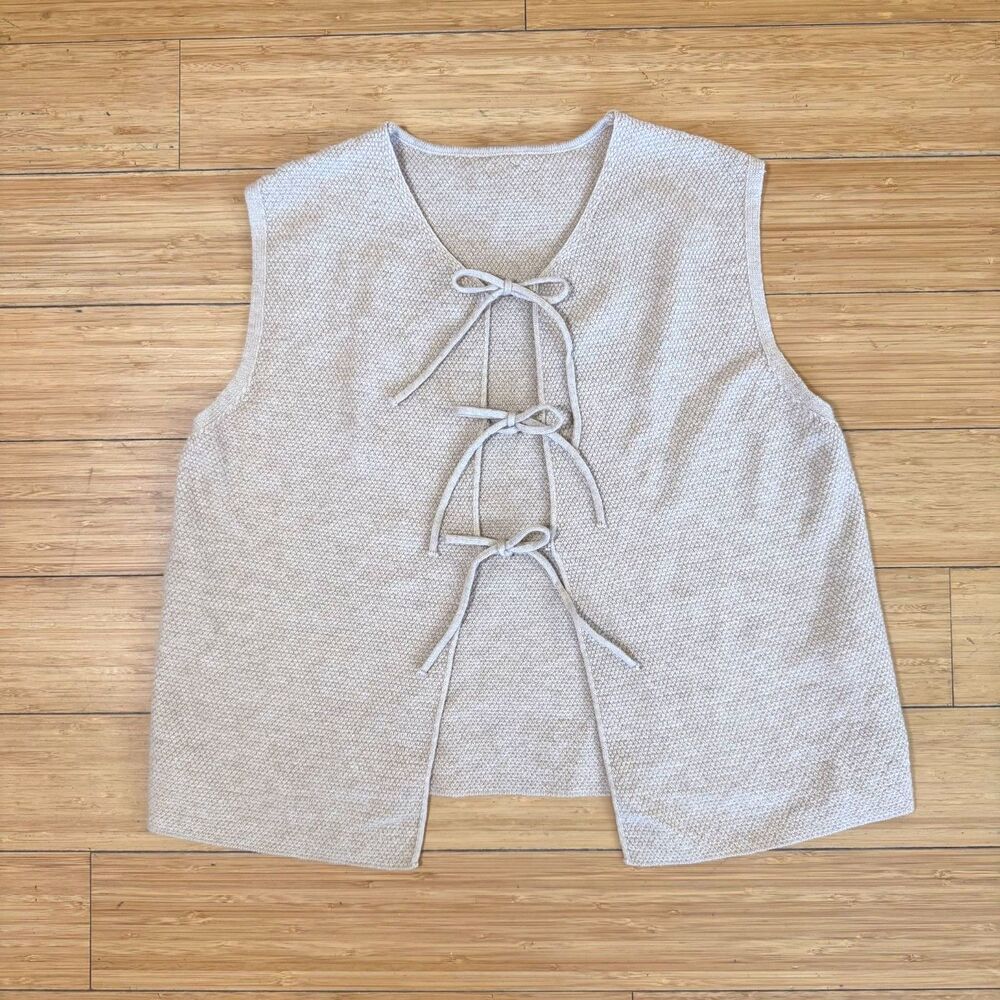 Tan Open Front Tie Tank Top Bow Front Y2K Boho